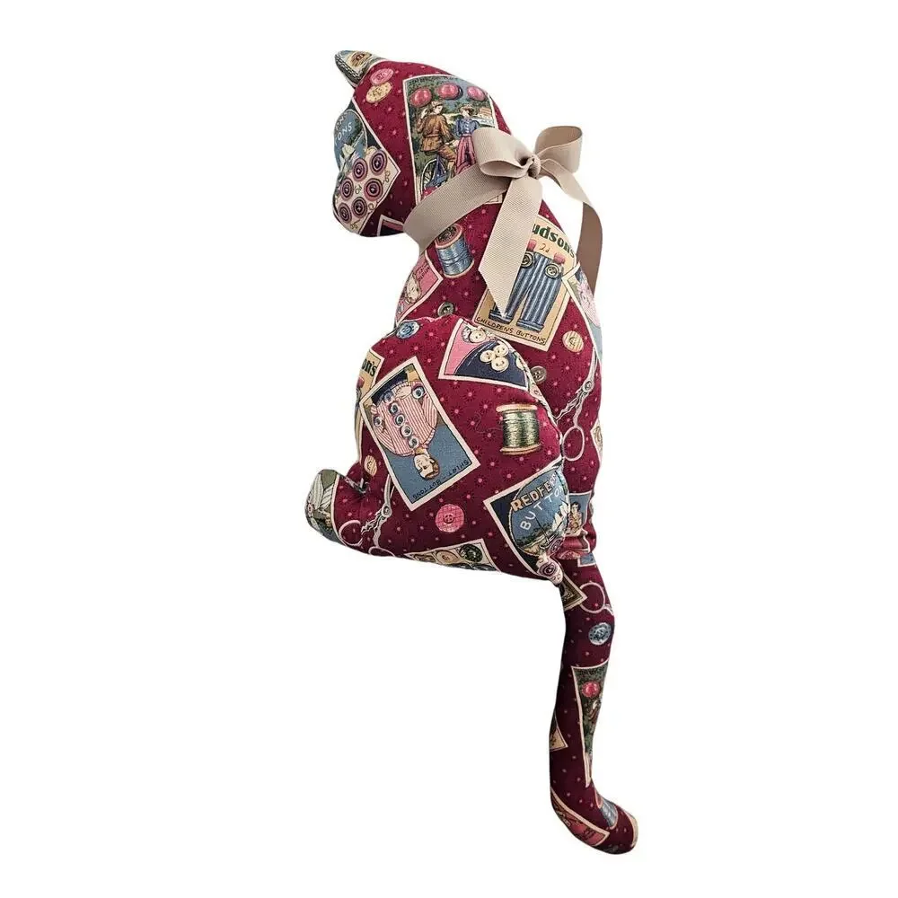 Vintage Handmade Cat Plush Red Patchwork Shelf Sitter Sewing Cottage Kitty Cats